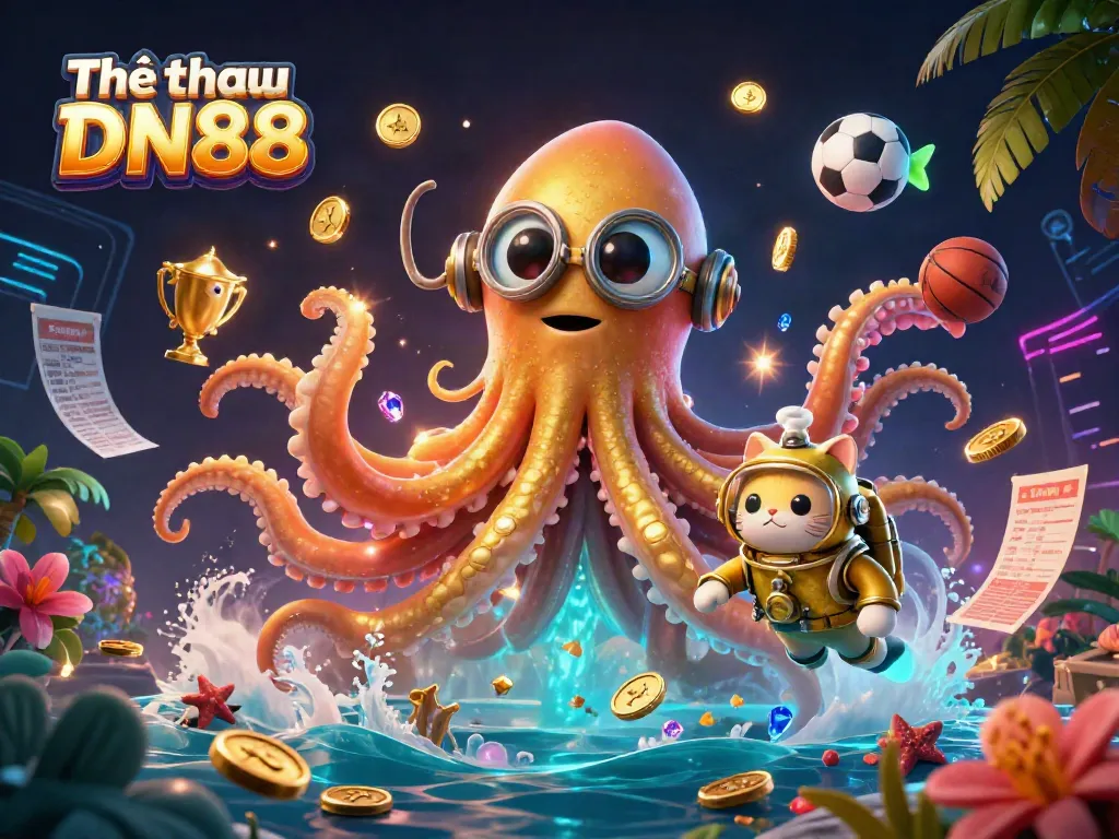 Engage with Thể thao DN88's vibrant betting options illustrated with kraken, diving cat, and sports elements.