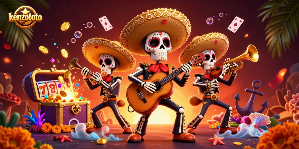 Engage with kenzototo through vibrant casino-themed 3D illustration featuring Day of the Dead mariachi band.