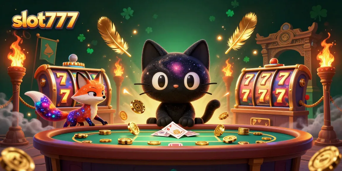 Menangkan jackpot di slot777 dengan kucing hitam lubang hitam yang menarik koin emas dan kartu.