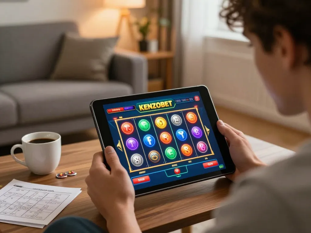 Engaging with a kenzobet slot game on a tablet in a cozy living room.