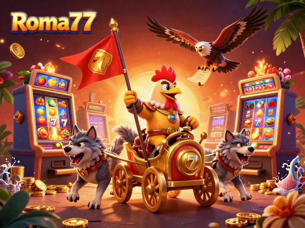Engage with Roma77's vibrant online gaming experience featuring dynamic illustrations of slot machines, symbols, and character action.