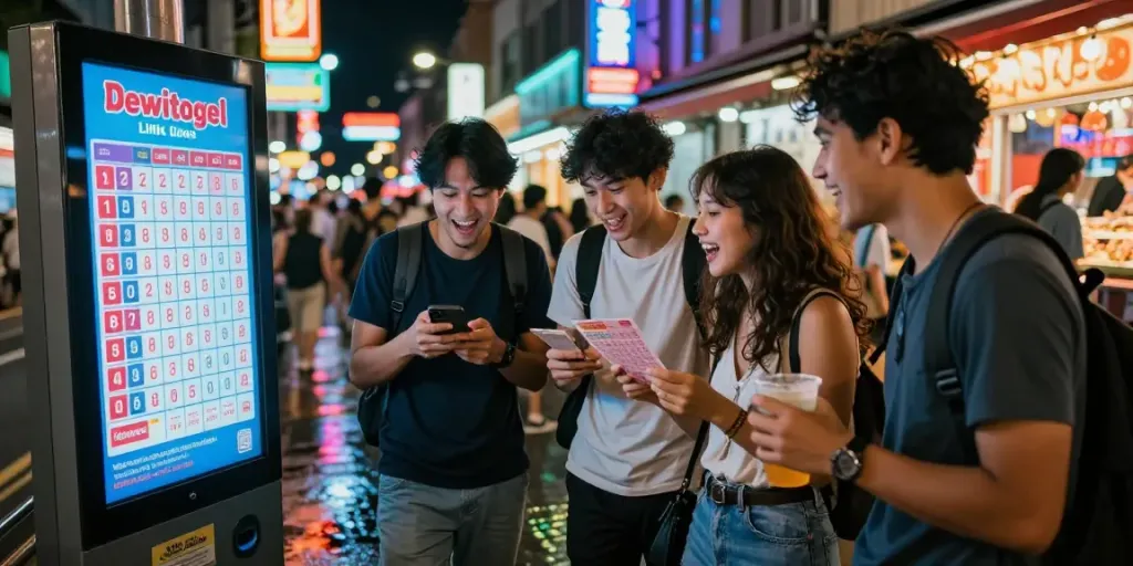 Kelompok muda merayakan kemenangan dengan dewitogel link di jalan kota yang ramai.