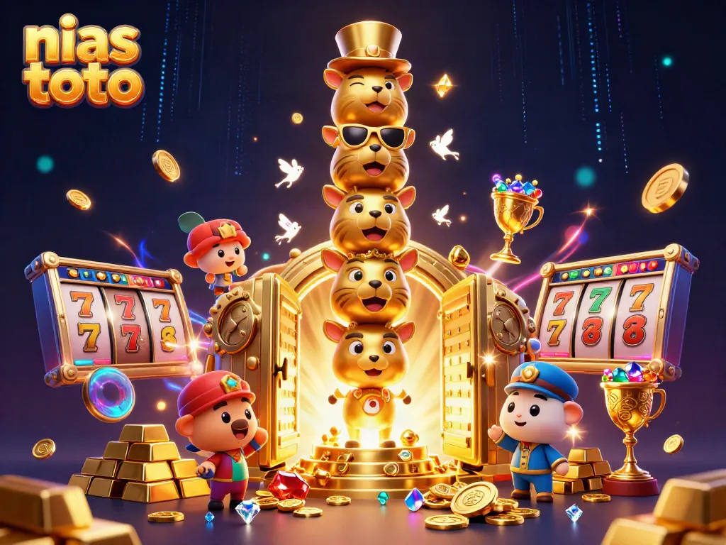 Permainan menarik di nias toto dengan simbol slot dan kekayaan berlimpah menyatu dalam ilustrasi 3D.