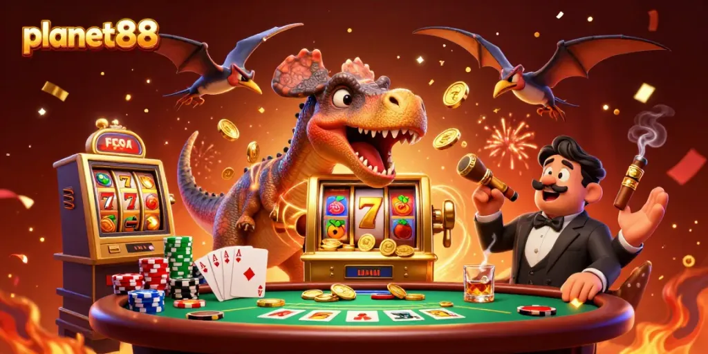 planet88 showcases a cartoon pachycephalosaurus winning jackpot coins at a golden slot machine amidst casino elements.