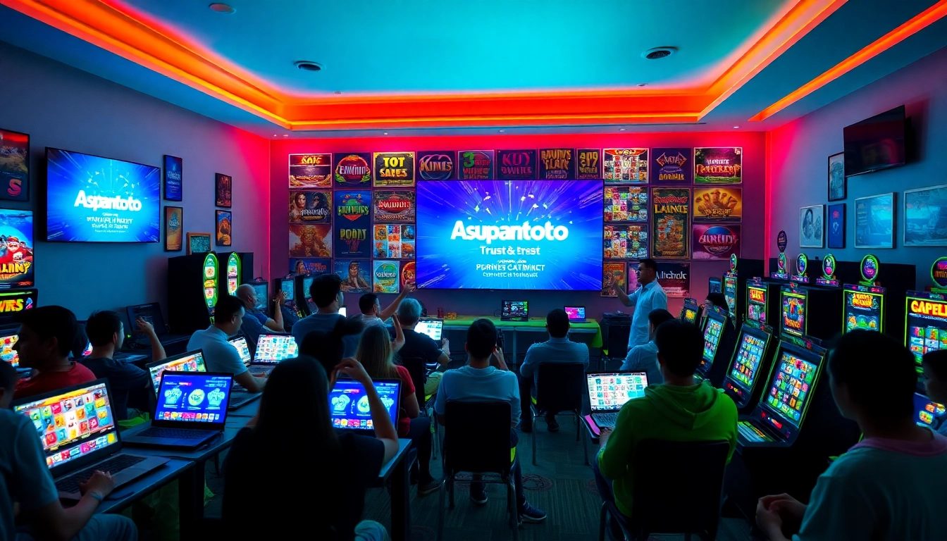 Asupantoto gaming atmosphere with players celebrating wins in a vibrant neon-lit room.