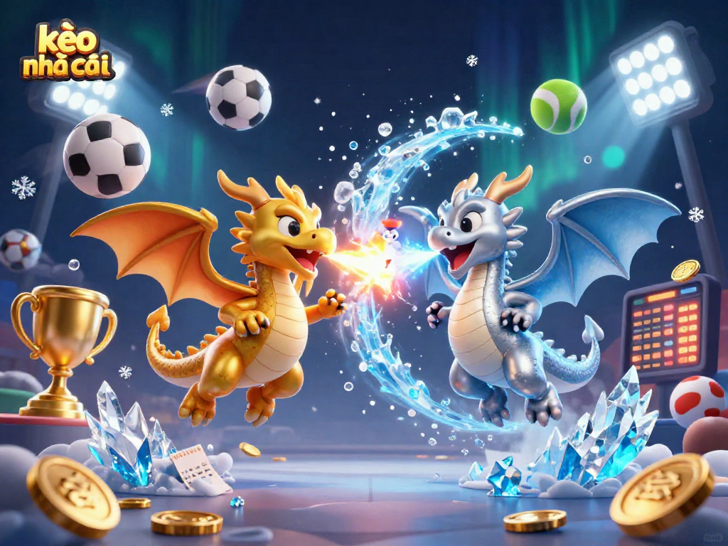 Engage with kèo nhà cái in a vibrant 3D fantasy scene featuring gold and silver dragons.