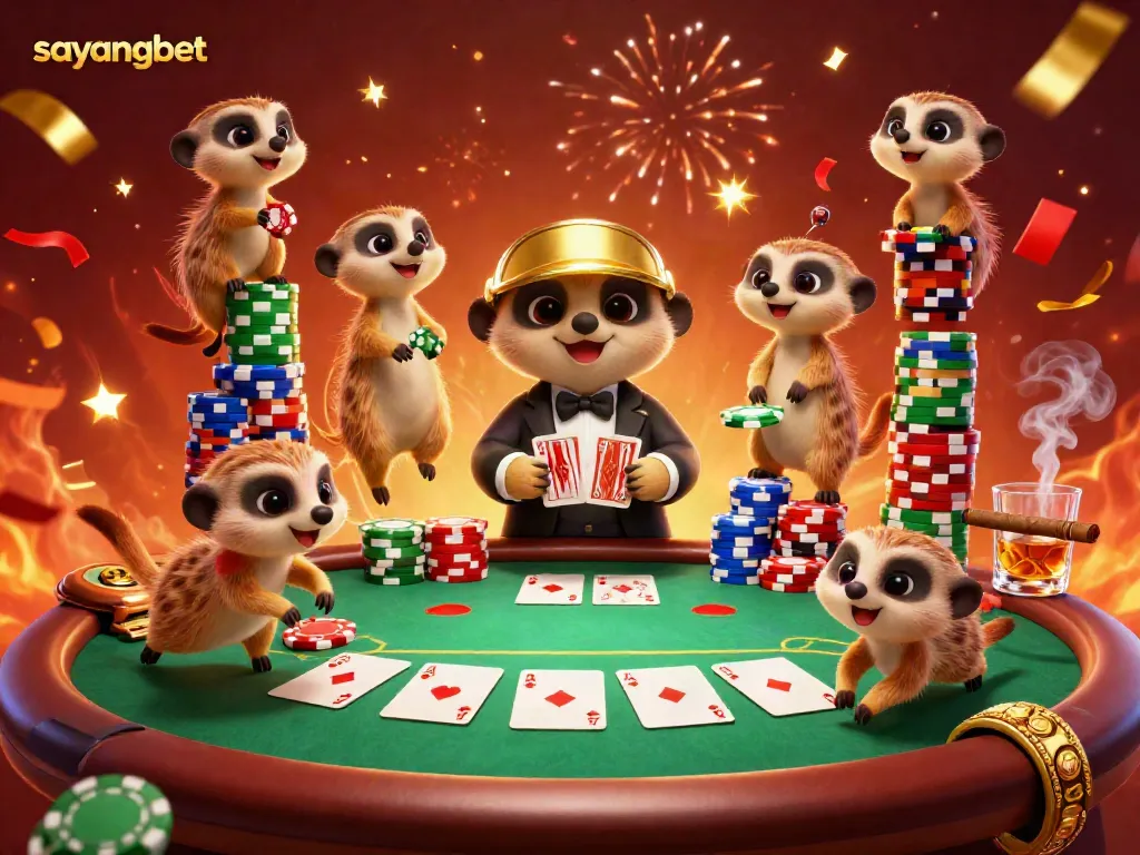 Engage with sayangbet's vibrant 3D meerkat casino scene showcasing card dealers and colorful poker chips.