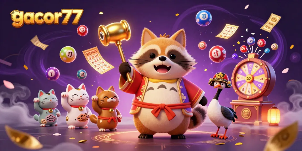 Gacor77 menampilkan tanuki bahagia di festival Jepang, bermain dengan bola lotere dan tiket emas.