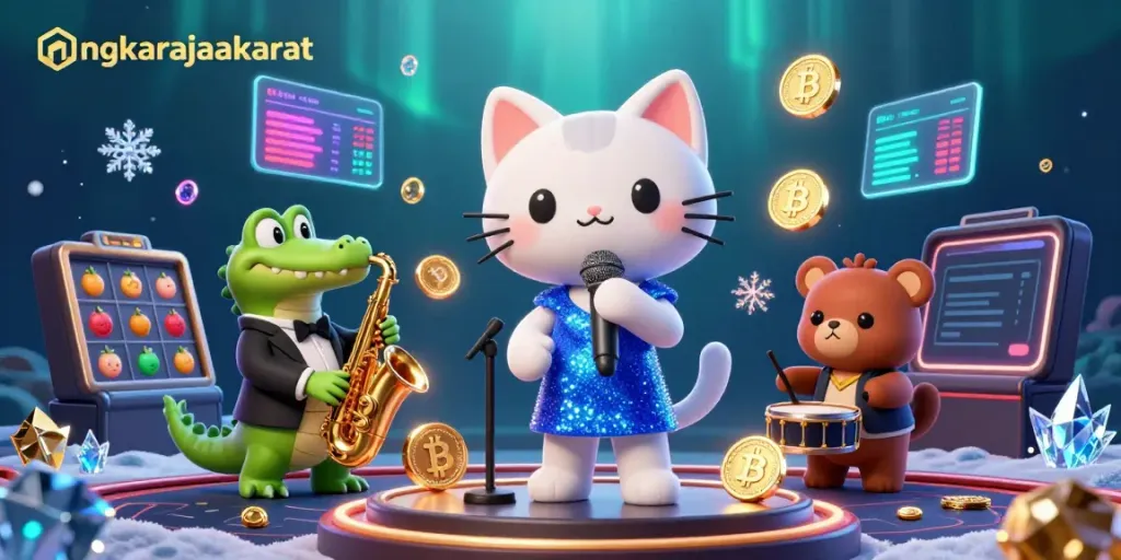 Experience the angkarajaakurat vibes with a jazz-singer cat, crocodile, and bear in a vibrant casino setting.