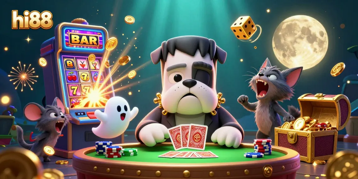 hi88 casino features a Frankenstein bulldog dealer, ghost mouse, and werewolf kitten with dynamic gambling elements.