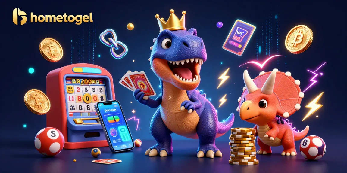Engage with hometogel's dynamic lottery experience featuring a playful T-Rex and colorful game elements.