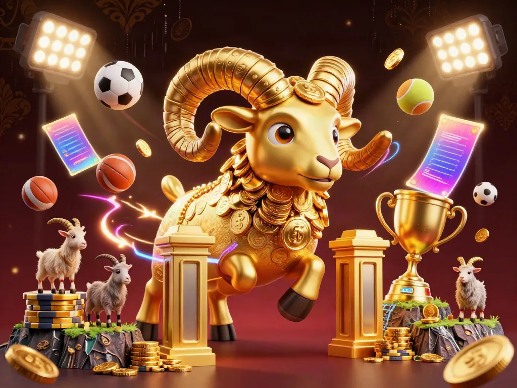 Experience thrilling gaming with sunwin. as a golden ram charges at a casino gate, dynamic sports elements surrounding the action.