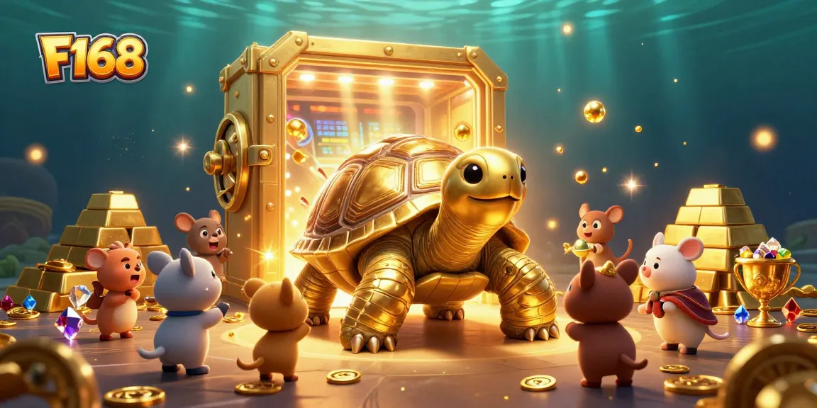 Engaging scene with F168's colossal golden tortoise pinball machine attracting excited small animals for a thrilling game.