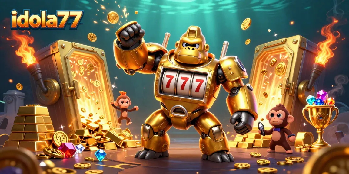 Masuki dunia idola77 dengan mekanik gorila emas dan slot mesin, memancarkan keberuntungan!
