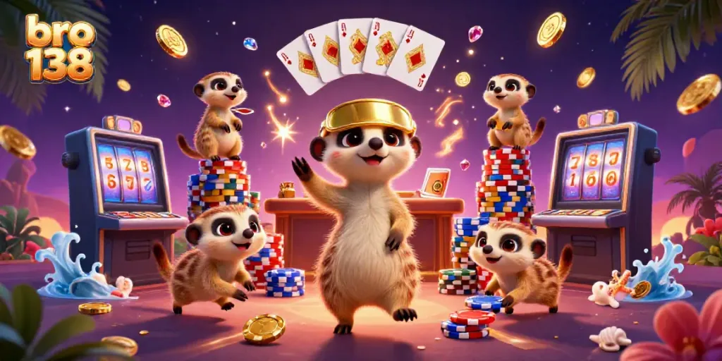 Experience bro 138 at a lively 3D casino where meerkats sell luck and winning chips!