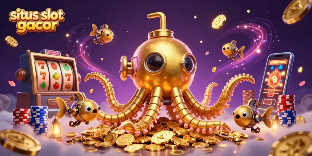 Permainan situs slot gacor dengan mesin slot, simbol buah, dan kraken emas yang menarik.