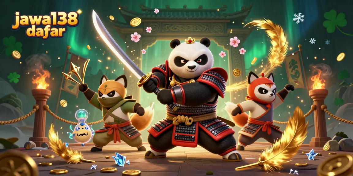 Jawa138 daftar hadir dalam ilustrasi 3D, menggambarkan karakter samurai panda dan ninja fox dalam suasana kasino.