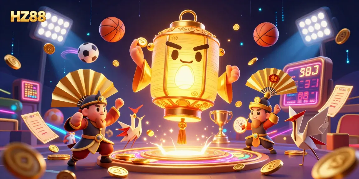 Experience the HZ88 online casino with engaging gaming elements and vivid characters in a vibrant 3D illustration.