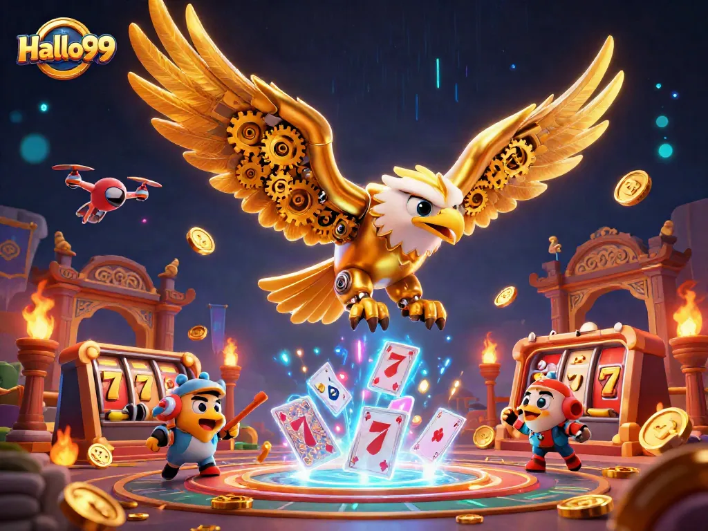 Spin the reels of Halo99 with a dynamic golden eagle soaring through a vibrant casino theme.
