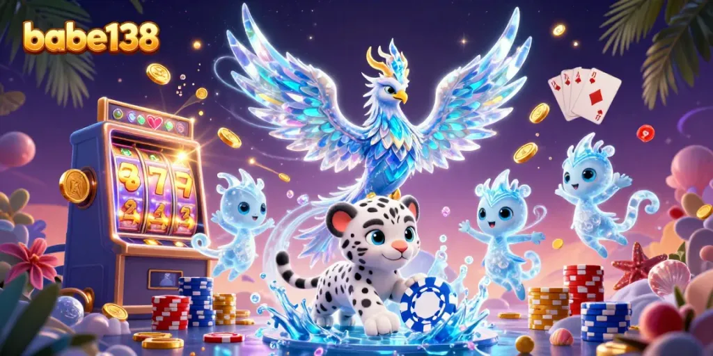 Permainan slot di babe138 dengan phoenix es, chip poker, dan koin berkilau.