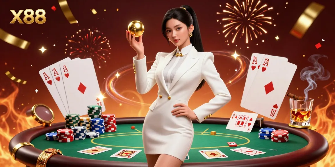 X88 casino gameplay illustration showcasing an Asian woman holding a roulette ball in a luxury environment.