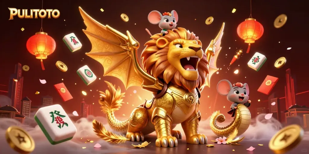 PULITOTO captivates players with an energetic scene featuring a triumphant golden chimera and festive gambling elements.