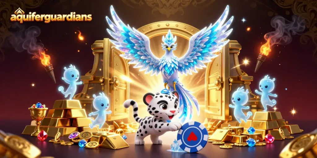 Aquiferguardians menghadirkan ilustrasi kasino yang menampilkan phoenix es dan cip poker penuh gaya.