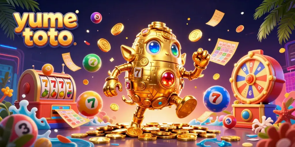 Experience the excitement of yume toto with a dynamic casino-themed illustration featuring vibrant slot symbols and golden treasures.