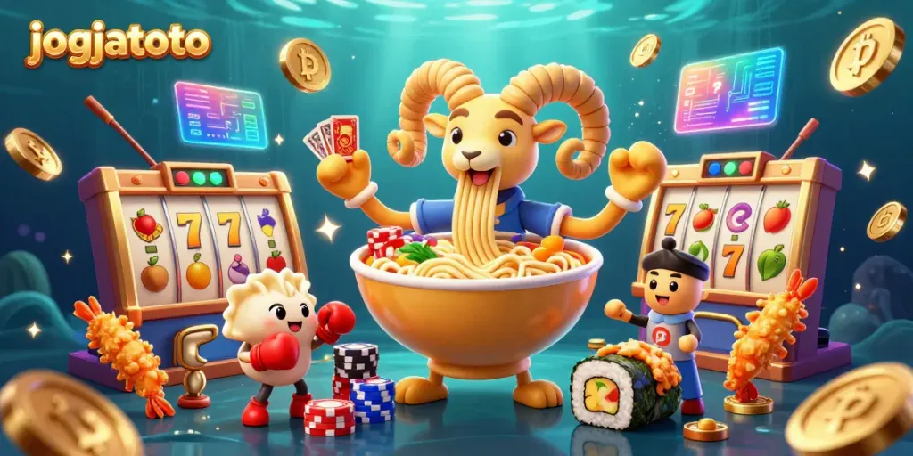 Experience the thrilling casino action at jogjatoto with a vibrant 3D illustration showcasing animated characters and slot games.
