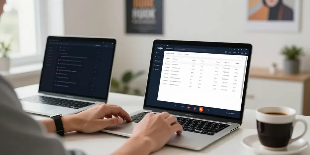 Pengguna AHHA4D bermain togel online dengan antarmuka berwarna dan statistik di laptop, suasana kerja modern yang nyaman.