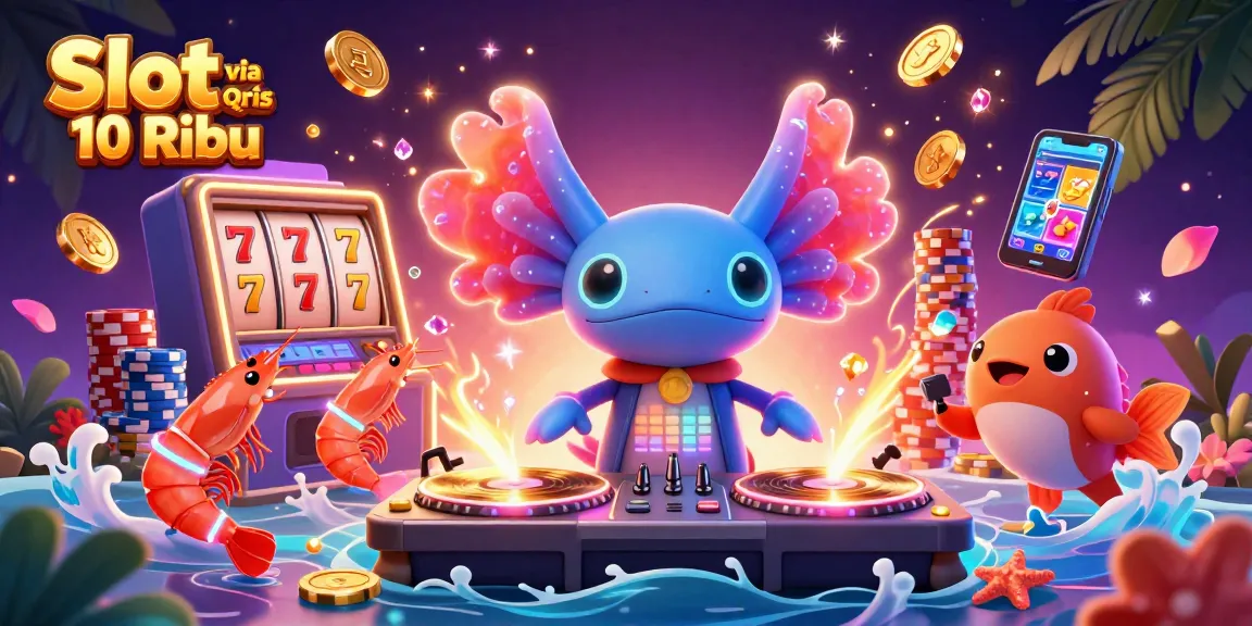 Experience the excitement of Slot via Qris 10 Ribu with a vibrant 3D illustration showcasing dynamic characters and slot game elements.