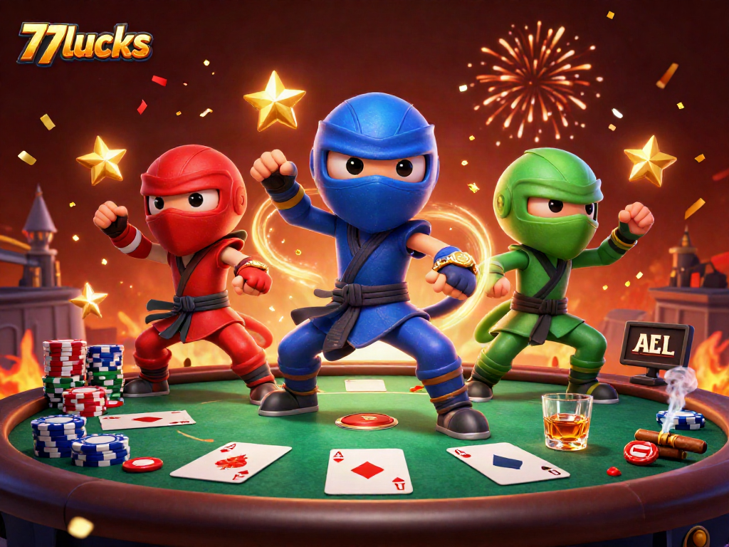 Memenangkan permainan kasino aksi seru dengan 77lucks, tim ninja chameleon dan banyak elemen poker.