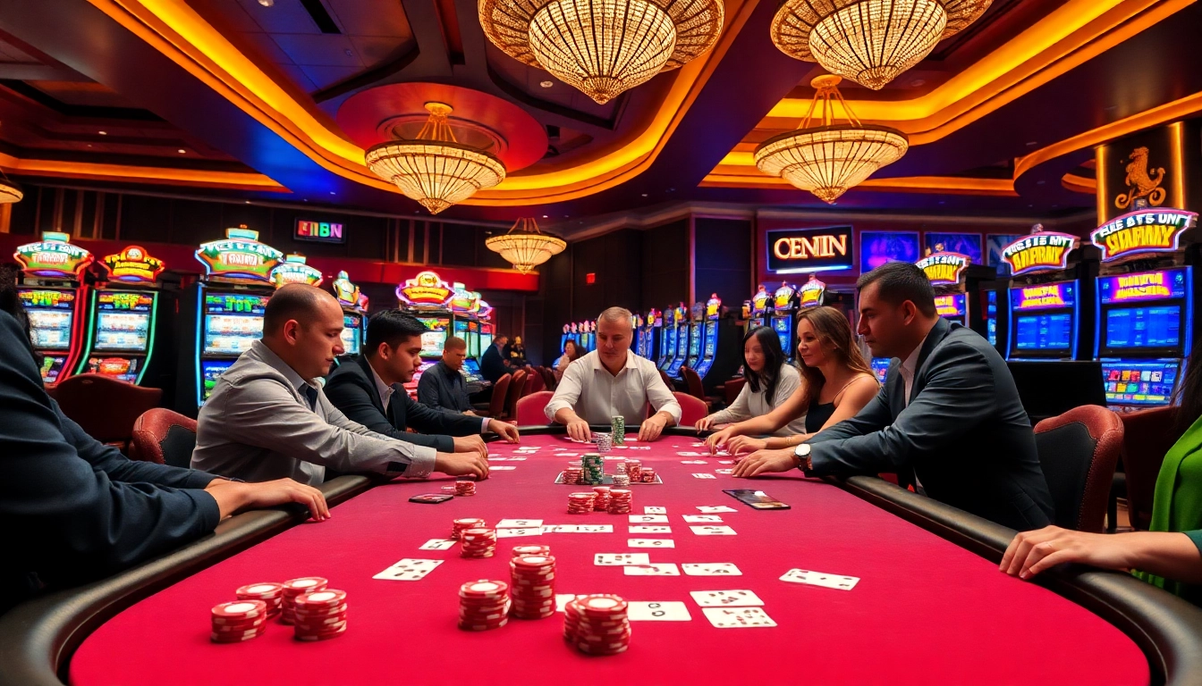 Players enjoying a thrilling poker game at CEMEKU's vibrant casino table with colorful chips.