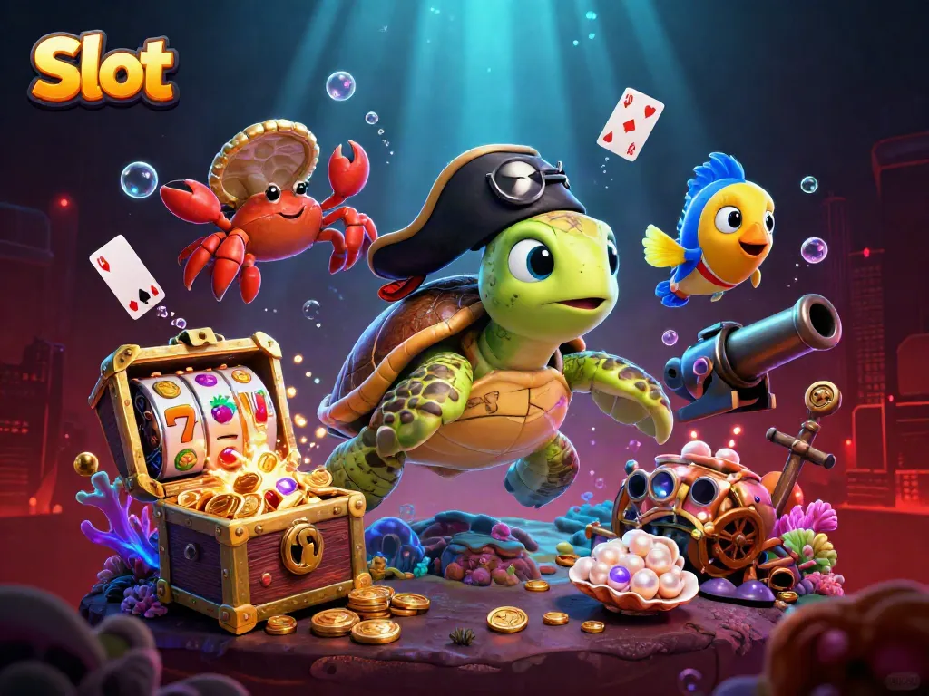Slot menggambarkan simbolnya di antara karakter laut lucu dan harta karun yang berkilau.