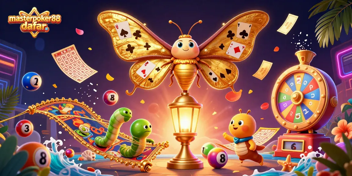 Masterpoker88 daftar menampilkan ilustrasi kasino dengan kupu-kupu 3D dan bola lotere berwarna-warni