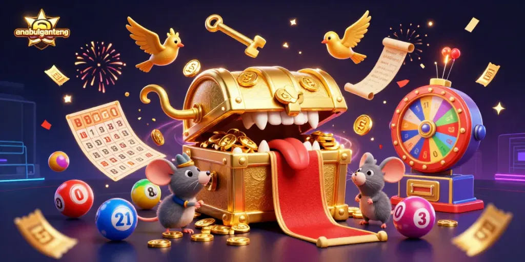 Menangkan hadiah menggunakan anabulganteng dengan bola lotere berwarna-warni dan kartu bingo menarik.