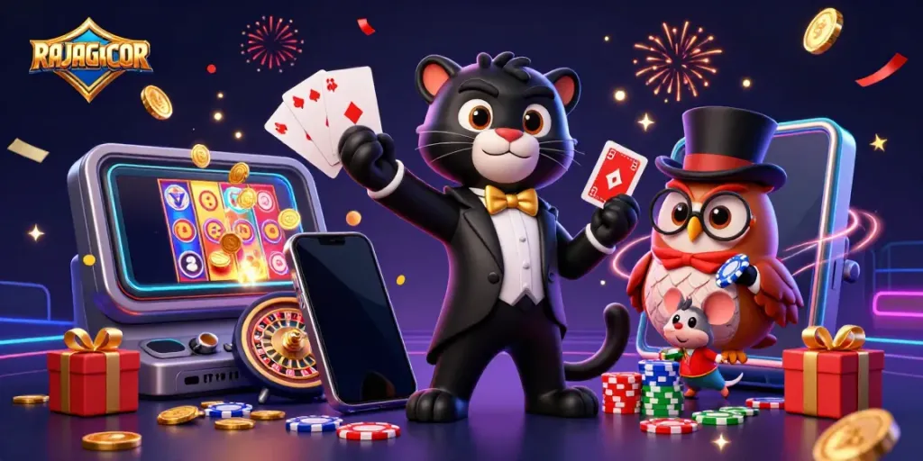RAJAGACOR menghadirkan ilustrasi kasino dengan panther, burung hantu, dan tikus yang sedang bermain kartu dan poker chip