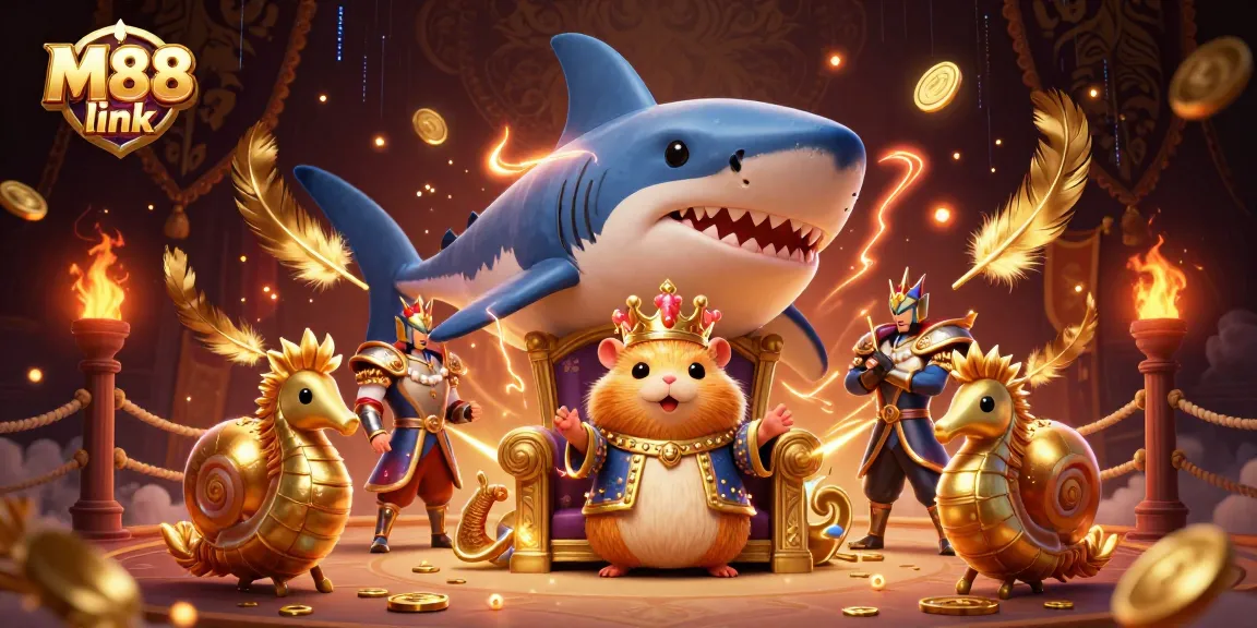 Experience the excitement of M88 link with a vibrant 3D illustration featuring a golden hamster king in a thrilling arena.