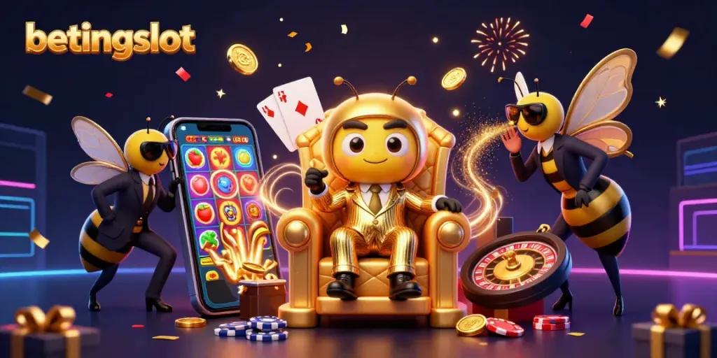 Visual betingslot yang menarik dengan karakter kasino dan permainan slot.