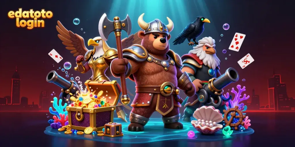 Gambarkan momen seru di edatoto login dengan Viking beruang dan Valkyrie elang, dikelilingi harta karun dan kartu permainan.