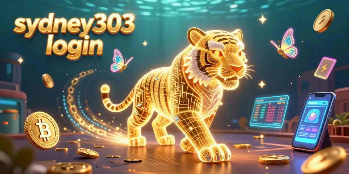 Menampilkan sydney303 login, harimau emas bersinar di kasino digital, dikelilingi koin crypto.