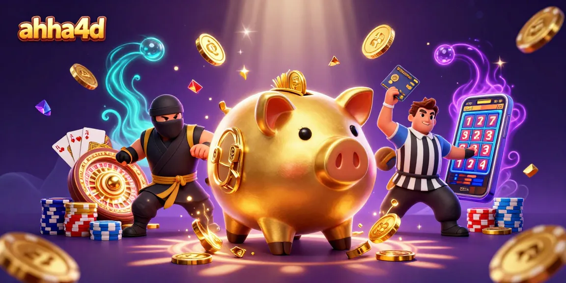 Experience the excitement of ahha4d with golden coins cascading from a sumo wrestler and dynamic casino elements.