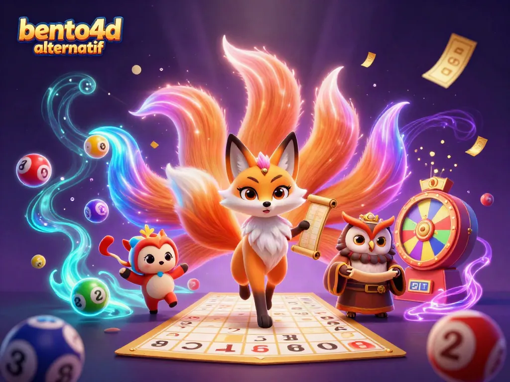 Experience bento4d alternatif with a vibrant 3D lottery scene filled with animated characters and elements.
