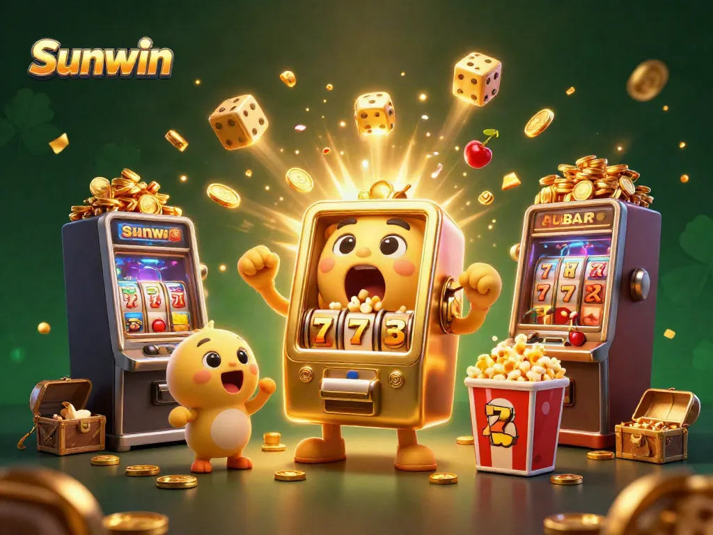 Sunwin celebrates big wins with a lively 3D illustration of a golden slot machine hitting a jackpot!