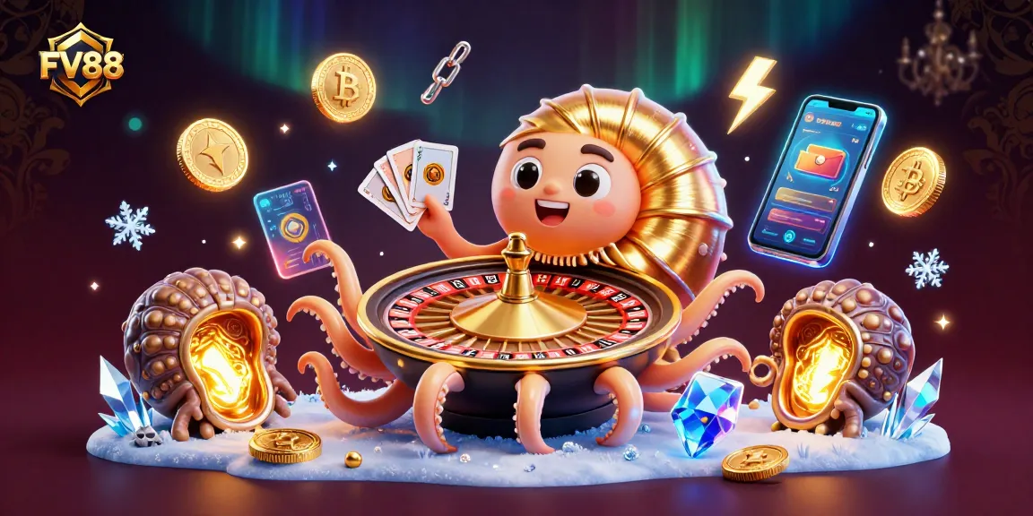 Win big at FV88 with this vibrant 3D casino scene showcasing crypto and card games.
