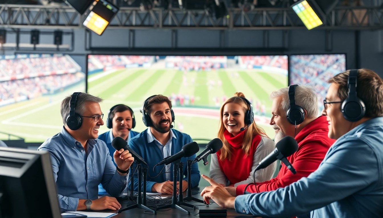 Sports Broadcasting scene with passionate commentators engaging in live commentary and high-tech equipment.