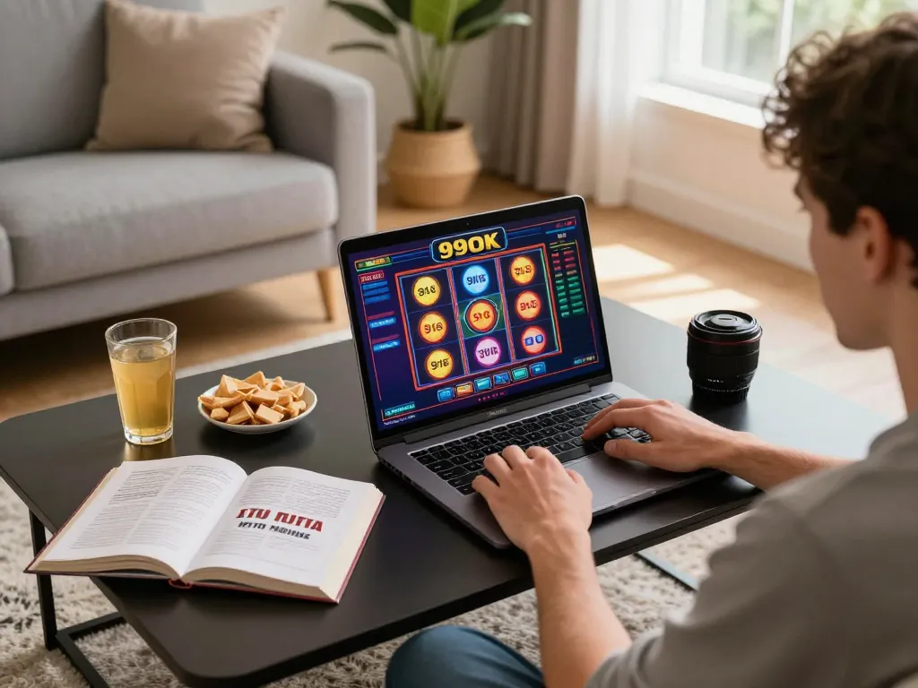 Player engaging with 99OK slot games on laptop at home, showcasing a comfortable gaming setup.