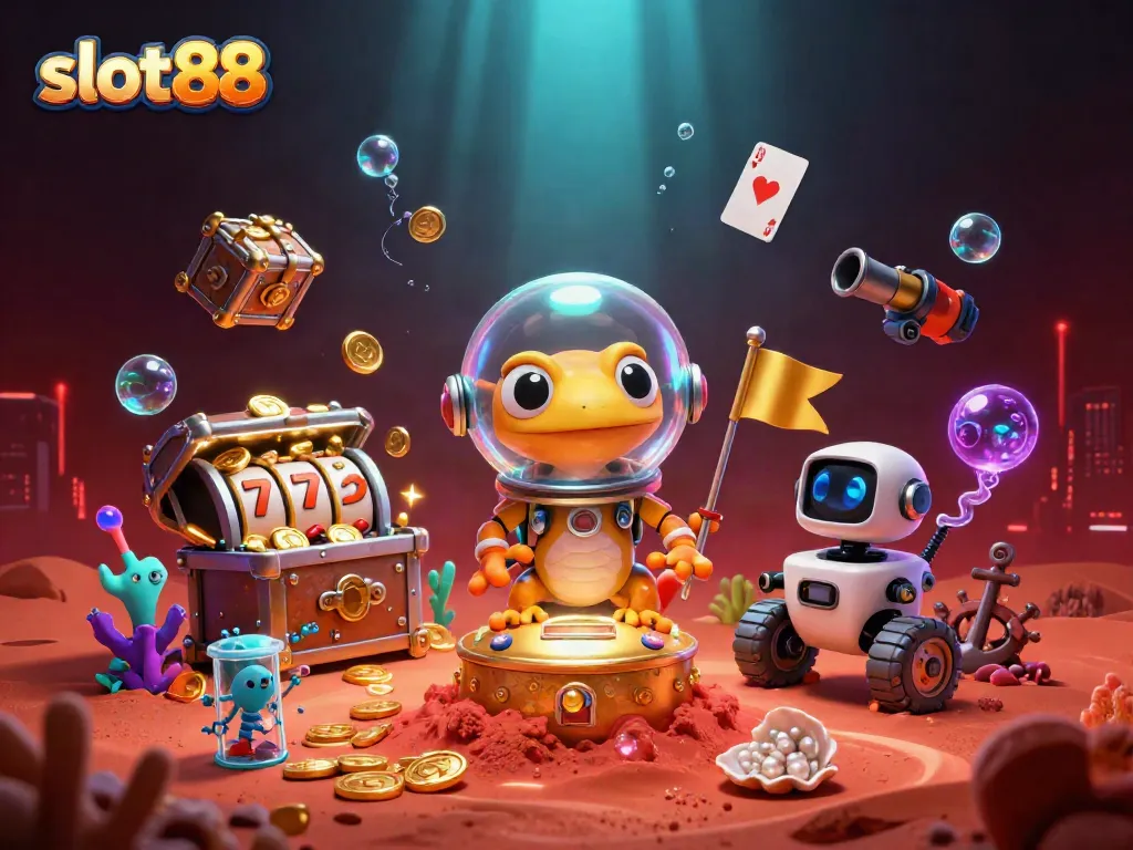 Spin and win at slot88 with vibrant Martian casino adventure scene featuring a gecko and treasures.