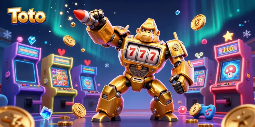 Ilustrasi kartun 3D Amazing Toto dengan elemen mesin slot dan simbol jackpot bertaburan fantastis.