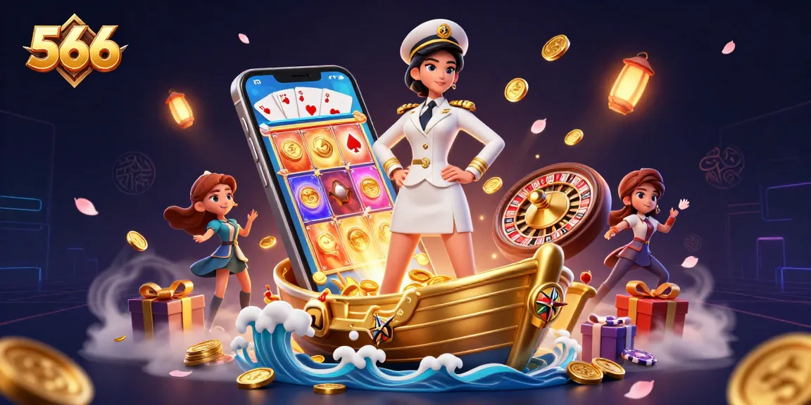Play with 566's thrilling casino atmosphere featuring exciting slot games, golden coins, and a charming Asian dealer.